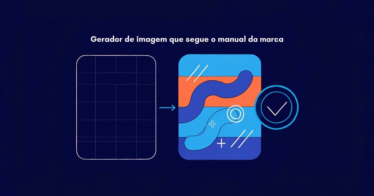 Painel de imagem em produção ao lado de um cartão de manual de marca com paleta em faixas de cor, linha de tipografia e selo de conferido ciano, ligados por uma seta, sobre fundo azul-escuro