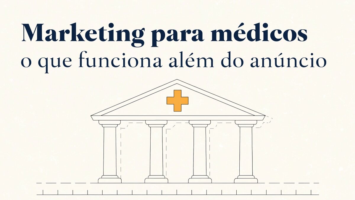 Ilustração em traço fino: pórtico de clínica com quatro colunas e cruz em âmbar no frontão, apoiado sobre uma régua sem números