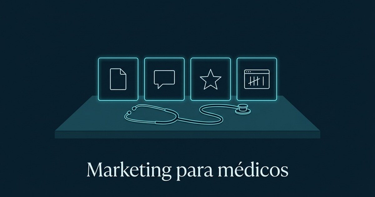 Estetoscópio à frente de quatro painéis com ícones de conteúdo, conversa, avaliação e métricas