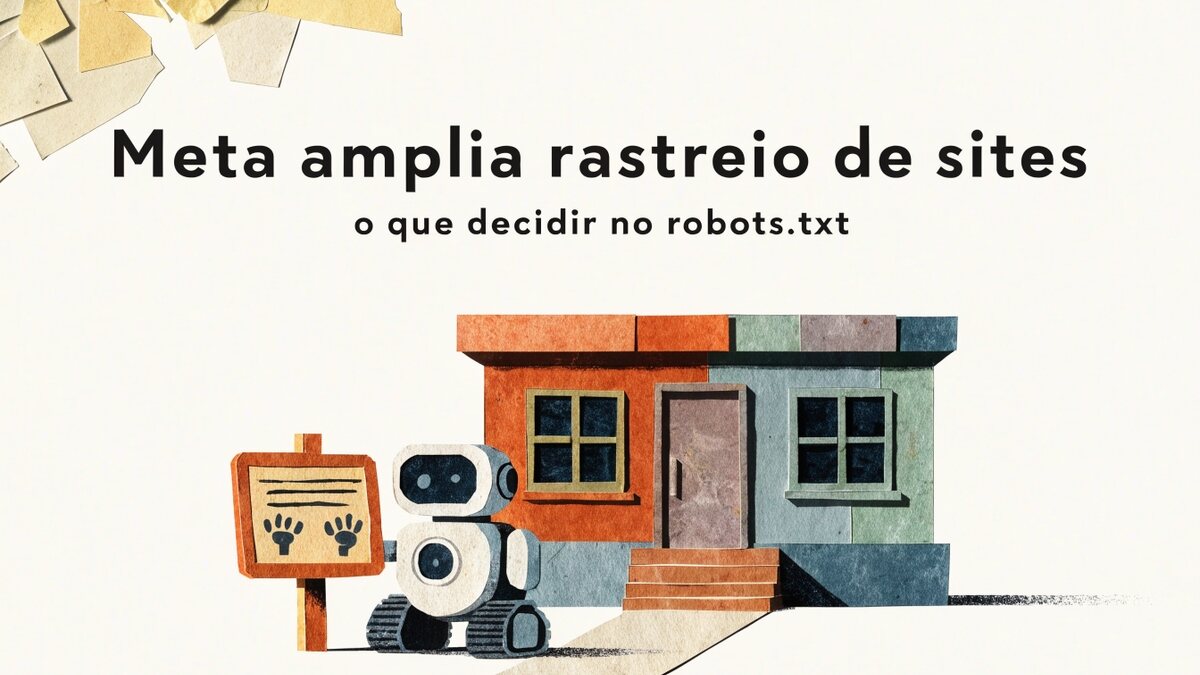 Ilustração em colagem de papel: um pequeno robô de esteira lê uma placa de regras na entrada de uma casa que representa o site; no topo, o título Meta amplia rastreio de sites e a linha o que decidir no robots.txt.