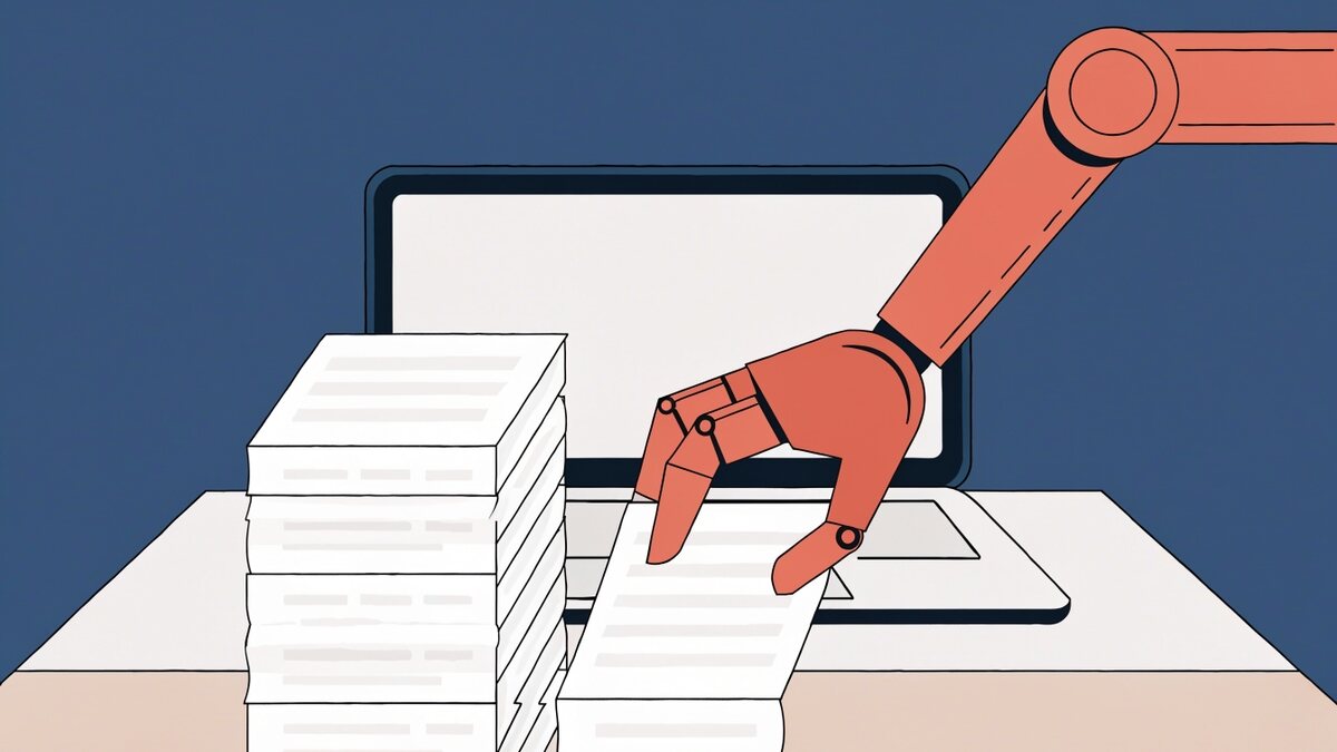 Ilustração vetorial chapada de uma mão robótica terracota depositando uma nota fiscal numa pilha sobre uma mesa de escritório, com um notebook aberto ao fundo.