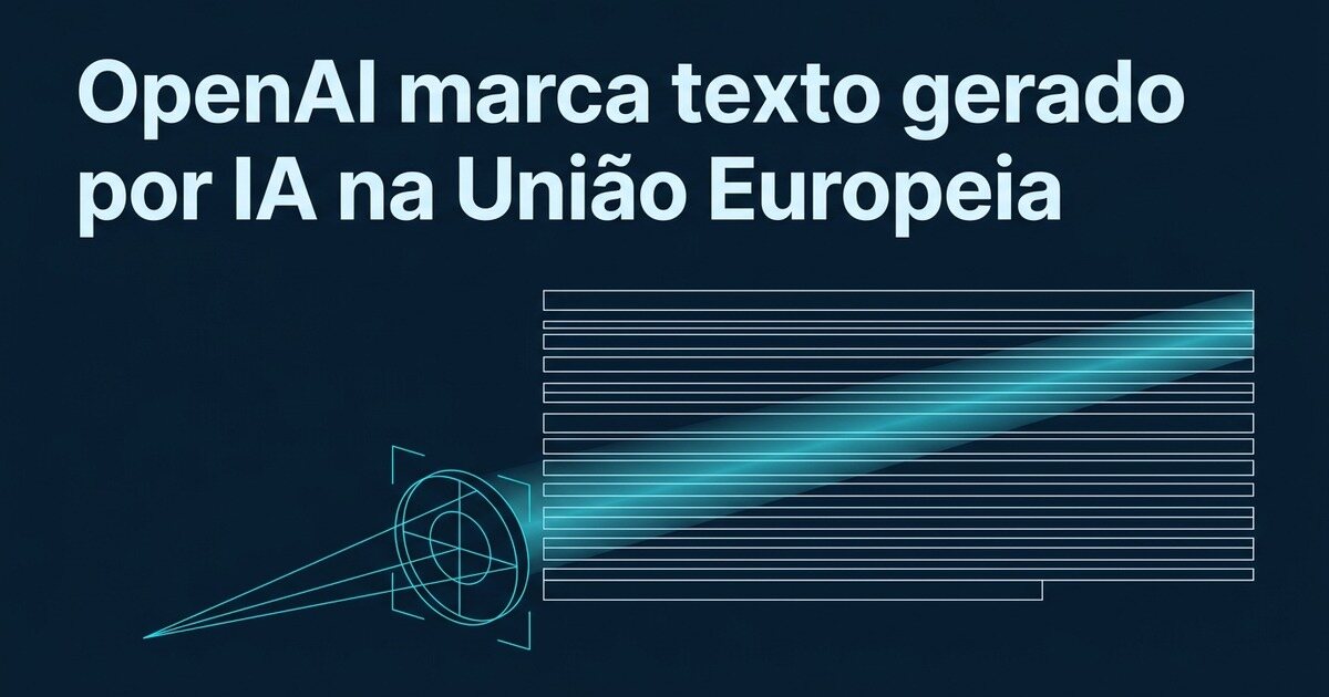 Sinal invisível percorrendo um bloco de texto e sendo lido por um detector, representando a marca d'água do ChatGPT na União Europeia