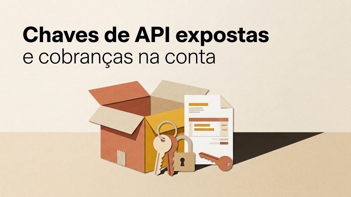 Ilustração em papel recortado sobre fundo creme dividido em parede e chão: uma caixa de papelão aberta, com abas terracota; à frente dela, um chaveiro com duas chaves, um cadeado aberto e uma fatura com linhas de cobrança; à direita, uma chave solta e a sombra triangular projetada no chão; no alto, à esquerda, o título Chaves de API expostas e a linha e cobranças na conta.