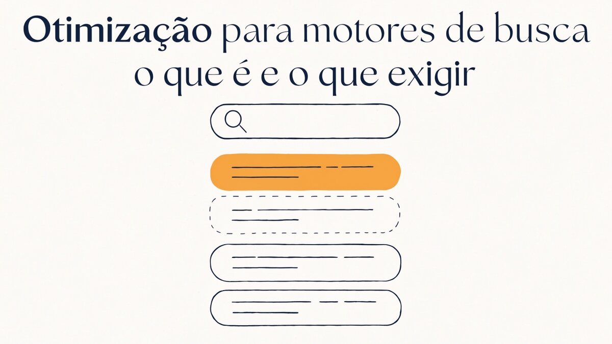 Ilustração em traço fino: barra de busca com lupa e lista de resultados, com o primeiro resultado destacado em âmbar e o contorno tracejado na posição de onde ele subiu