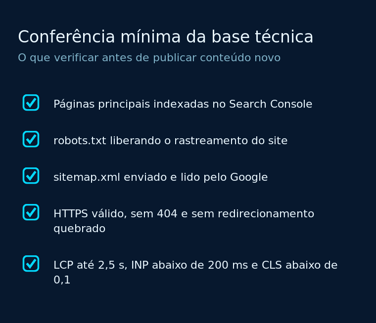 As cinco conferências da base técnica: indexação, rastreamento, HTTPS, erros e velocidade