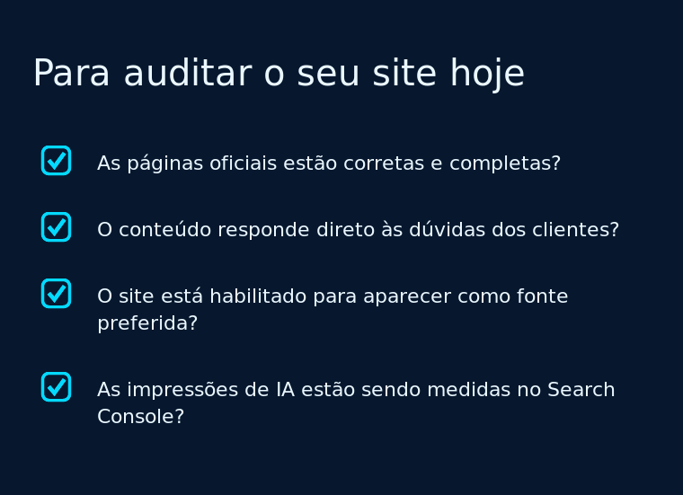 Checklist com quatro perguntas de auditoria do site para a busca com IA