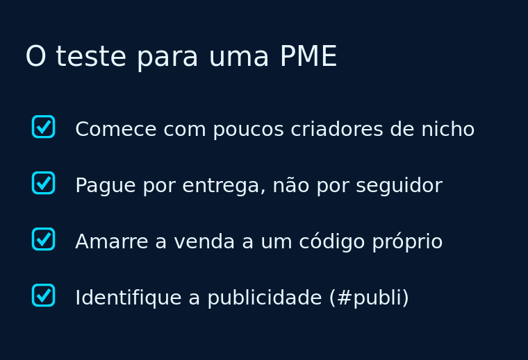 Checklist com quatro movimentos para uma PME testar influenciadores