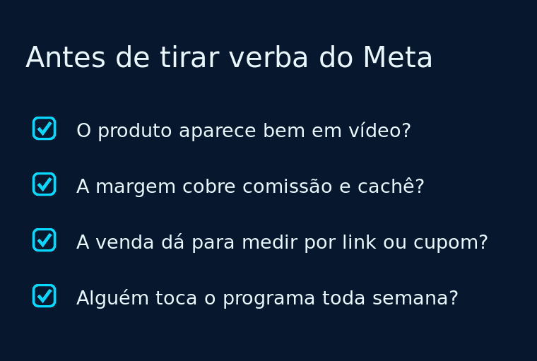 Checklist com quatro critérios para avaliar a troca de verba de anúncios por criadores