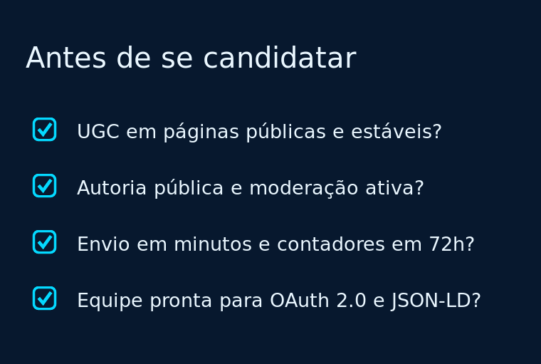 Checklist com quatro itens de elegibilidade para avaliar a candidatura ao UGC Fresh Data Program