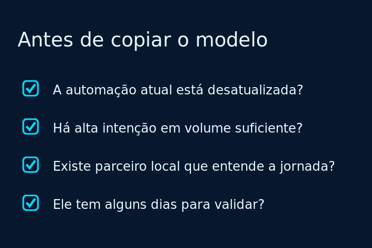 Checklist com quatro verificações antes de copiar o modelo de duas pessoas do case