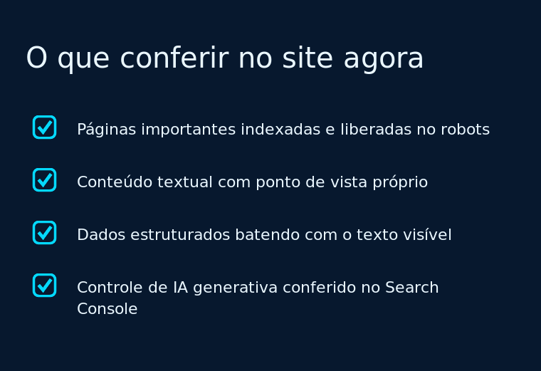 Checklist de quatro itens com verificações técnicas e de conteúdo que a PME pode fazer no site antes de investir em busca agêntica.
