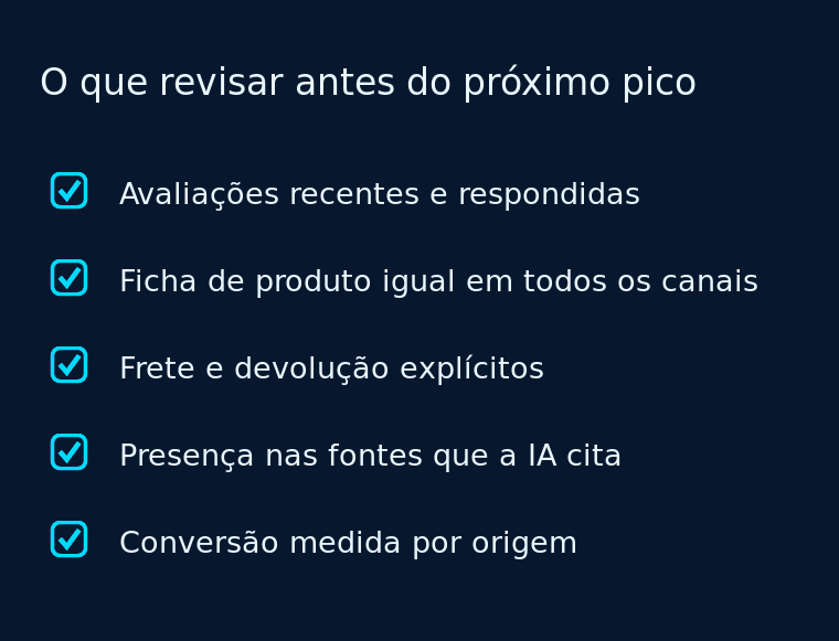 Checklist de cinco verificações para a loja ajustar avaliações, catálogo e políticas antes do próximo pico de vendas.