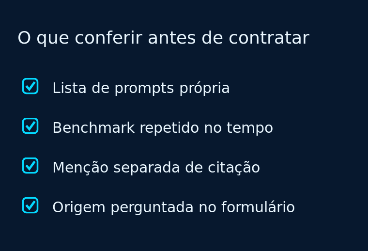 Checklist de quatro itens para conferir antes de contratar GEO: lista própria de prompts, benchmark repetido no tempo, menção separada de citação e pergunta de origem no formulário.