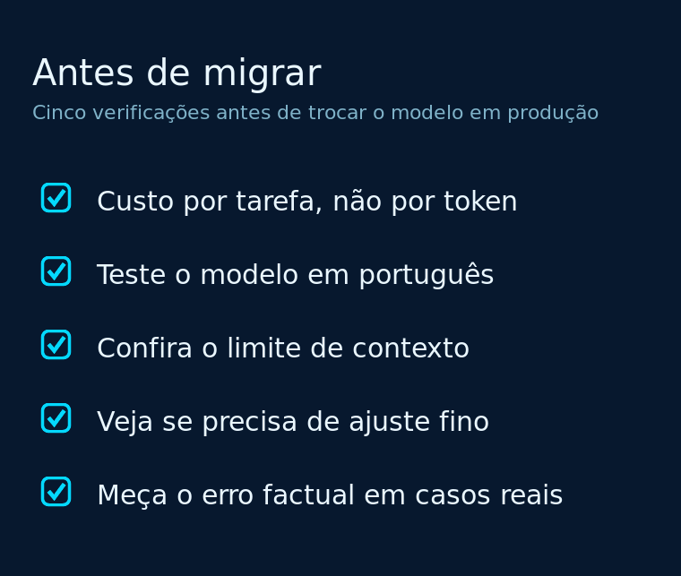 Cartão escuro com cinco verificações curtas antes de trocar o modelo em produção