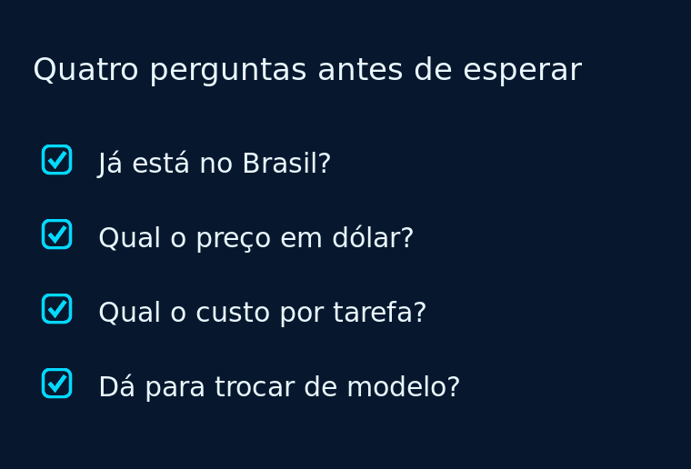 Cartão escuro com quatro perguntas de conferência, cada uma marcada por um check.