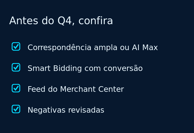 Cartão escuro com quatro itens curtos de conferência, cada um marcado por um check.