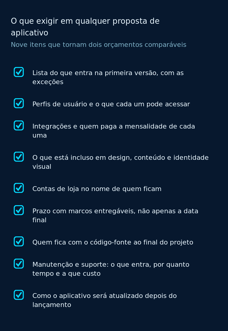 Nove itens que tornam dois orçamentos de aplicativo comparáveis