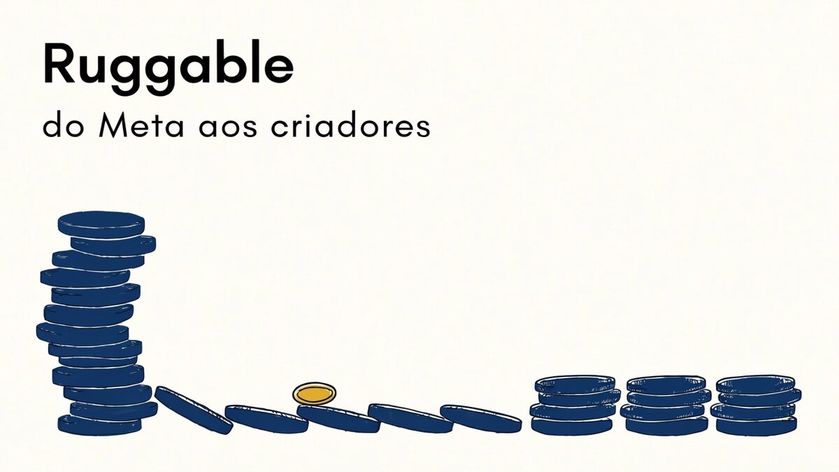 Ilustração em papel e tinta: à esquerda, uma pilha alta de moedas em azul-tinta escuro; uma fileira de moedas segue pelo chão até três pequenos montes à direita, com uma única moeda dourada apoiada no caminho, sob o título Ruggable e a linha do Meta aos criadores