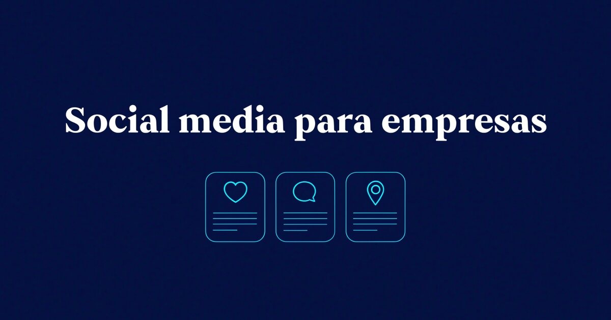 Três cartões de post com ícones de coração, comentário e localização, representando a gestão de redes sociais