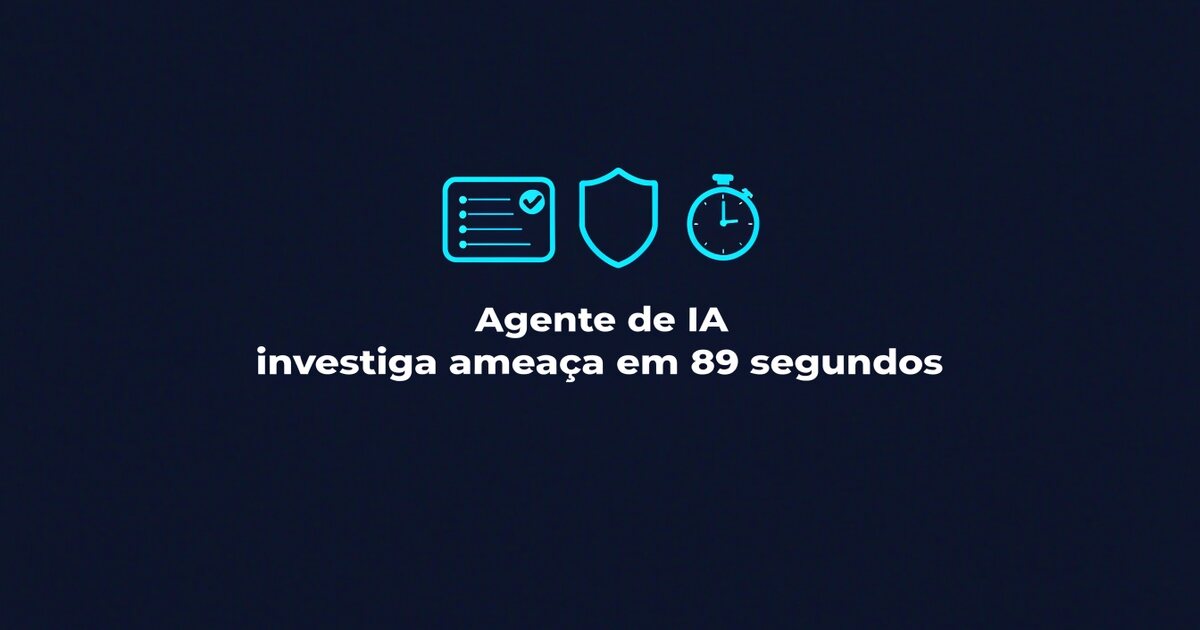 Painel de alertas de segurança com um item marcado como investigado ao lado de um escudo e de um cronômetro, sob o título Agente de IA, sobre fundo azul-escuro