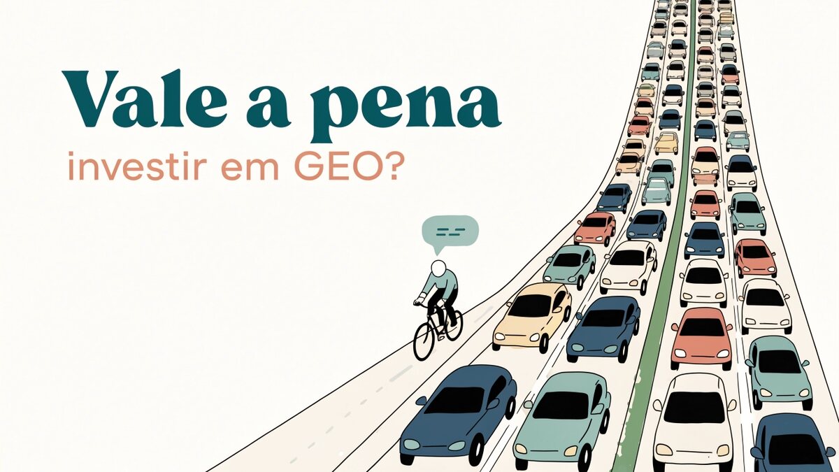 Ilustração flat de uma avenida congestionada de carros à direita e, à esquerda, um ciclista solitário em uma ciclovia, com um balão de conversa de três pontos acima dele; no alto à esquerda, o texto Vale a pena sobre a linha investir em GEO?