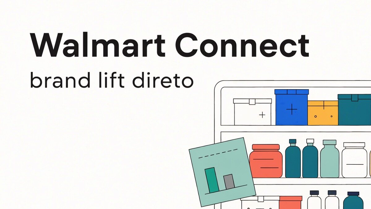Ilustração flat de uma prateleira de supermercado com caixas e garrafas coloridas; à frente, uma prancheta mint com um gráfico de duas barras desiguais; no alto à esquerda, o texto Walmart Connect sobre a linha brand lift direto.