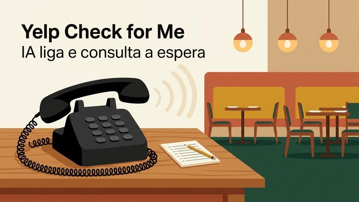 Ilustração flat em tons quentes: sobre uma mesa de madeira, um telefone preto de teclado com o fone fora do gancho emite três ondas sonoras; ao lado, um bloco de papel pautado com um lápis; ao fundo, o salão vazio de um restaurante, com banquetas amarelas, mesas e três luminárias acesas; no alto, à esquerda, o texto Yelp Check for Me sobre a linha IA liga e consulta a espera.